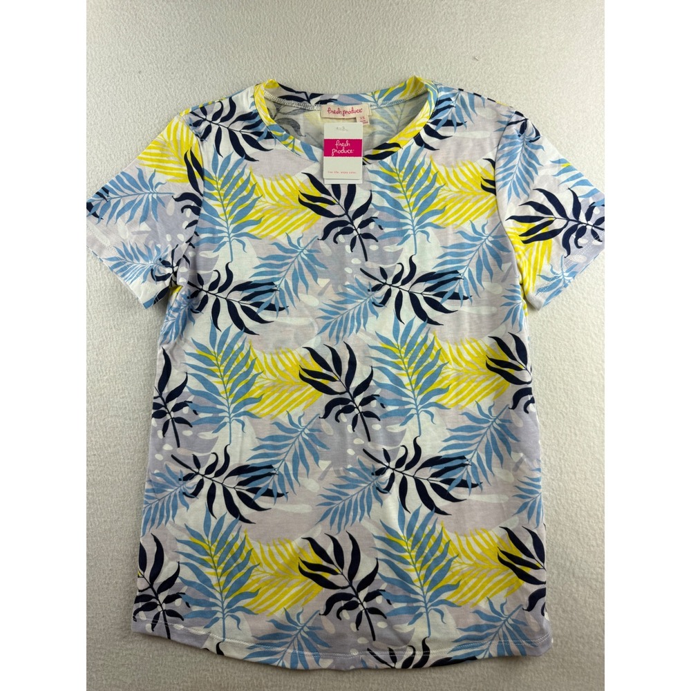 Fresh Produce Women White Yellow Blue Tropical Palm Canopy Scoop Neck Tee XS NEW